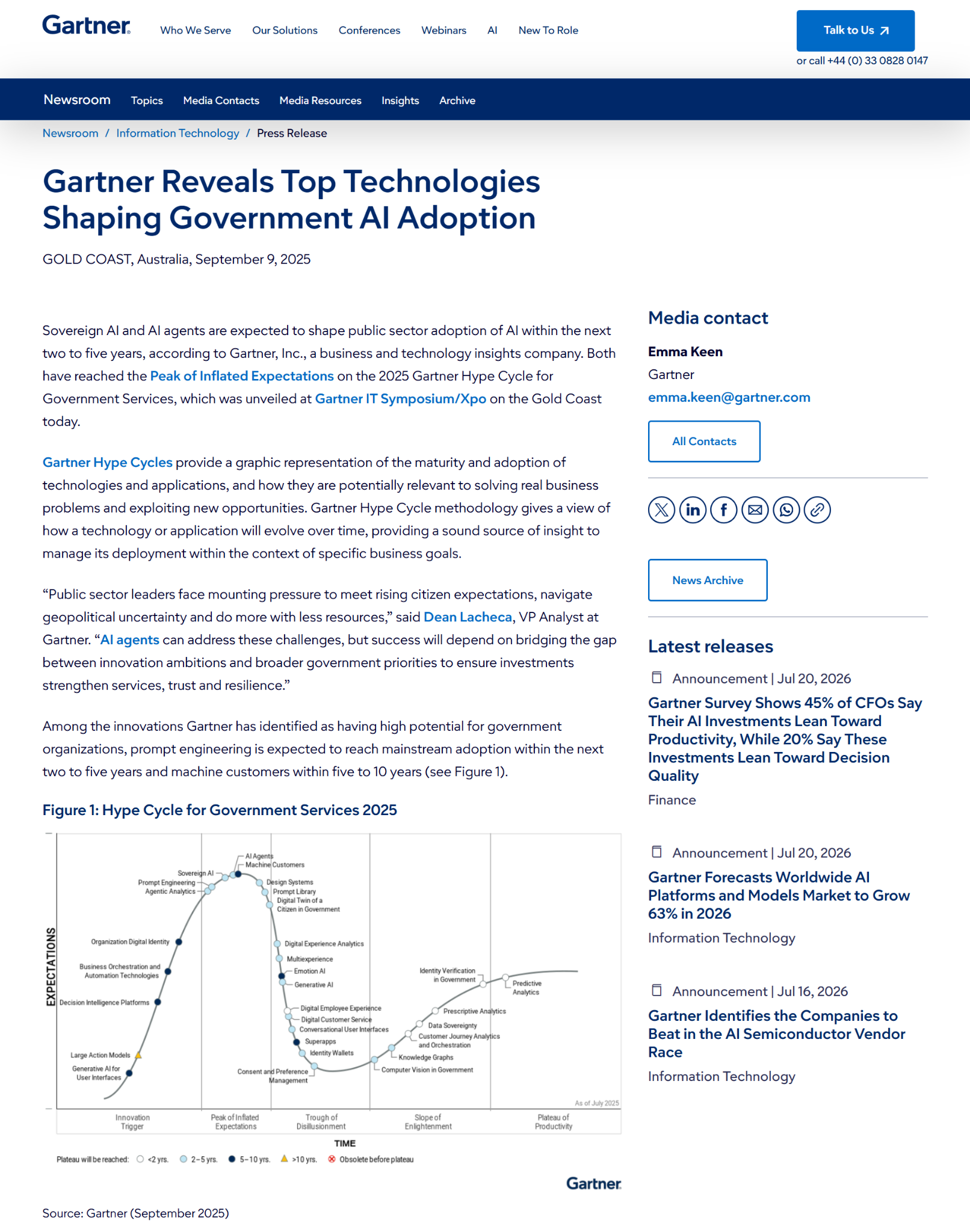 Gartner's September 2025 announcement highlighting sovereign AI, AI agents, and the Hype Cycle for Government Services 2025 as key technologies influencing government AI adoption.