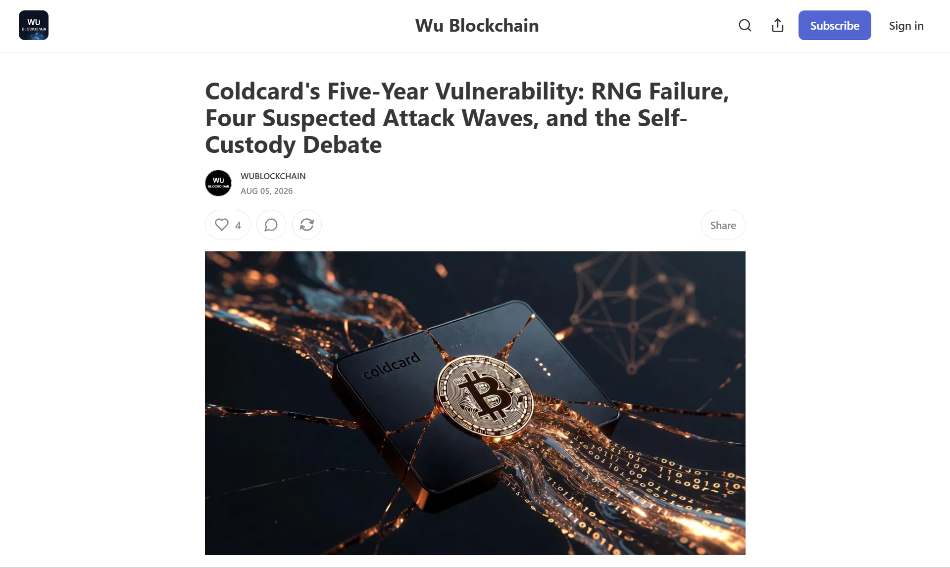 Coldcard’s reported RNG vulnerability highlights how weaknesses in random number generation can create security risks for Bitcoin hardware wallets and self-custody.