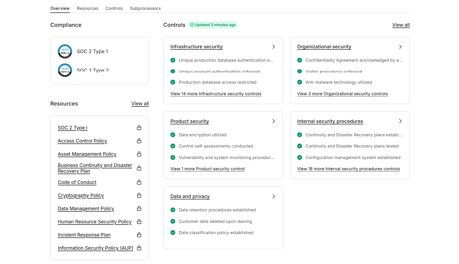 Prem AI Trust Center overview showing SOC 2 Type 1 and Type 2 compliance badges alongside infrastructure security, product security, and data privacy controls.