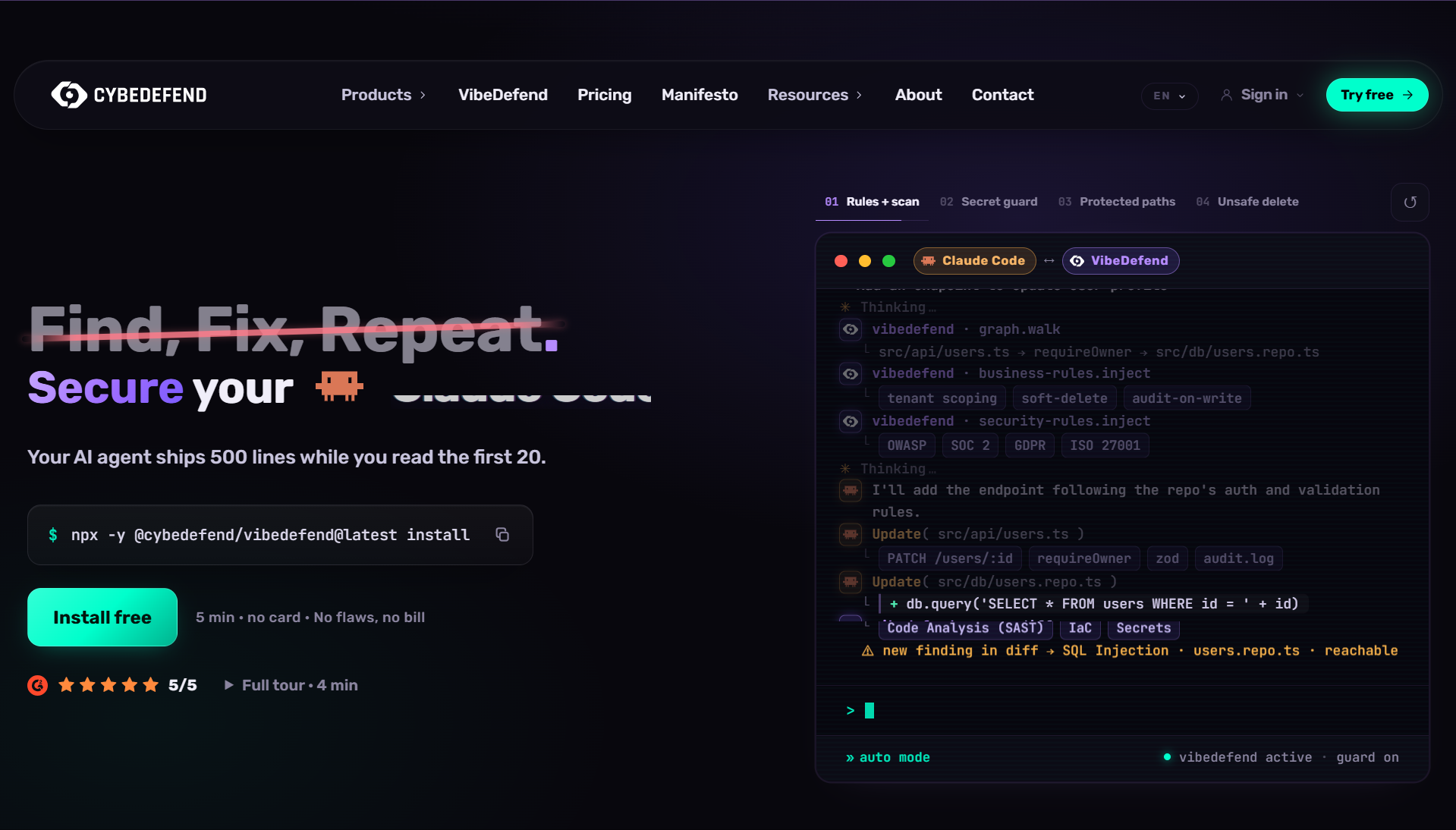 CybeDefend is one of the best AI code security tools for enterprise teams to secure code and detect critical vulnerabilities. 