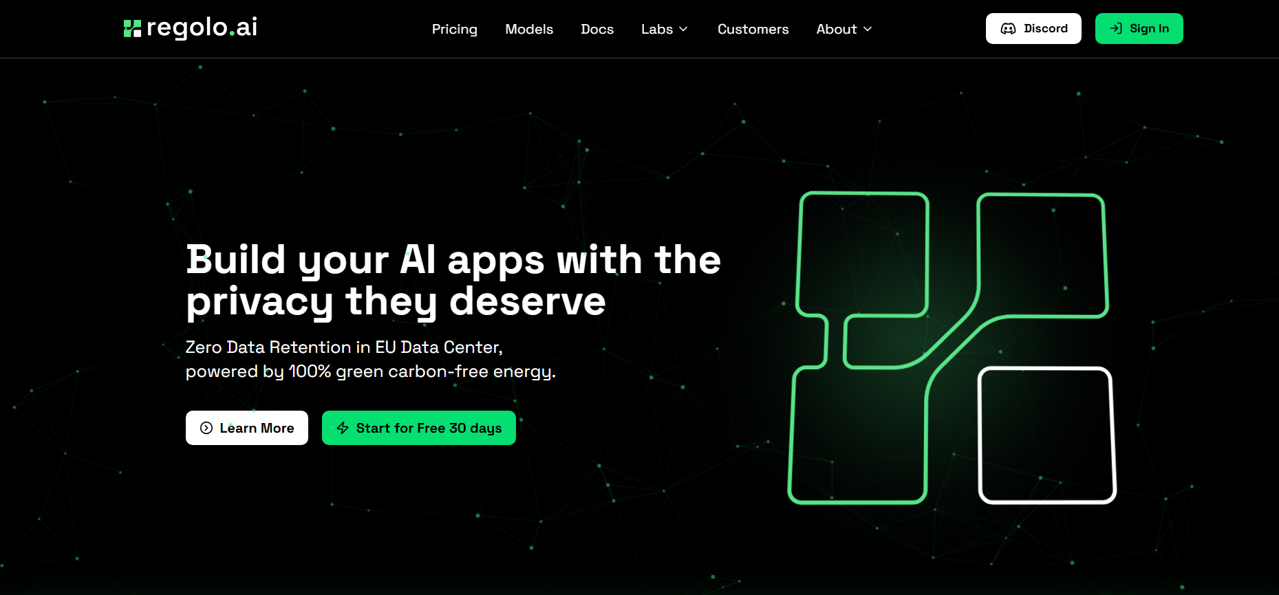 Regolo.ai homepage is one of the best zero data retention LLM API providers, hosted in an EU data center on 100% green energy.