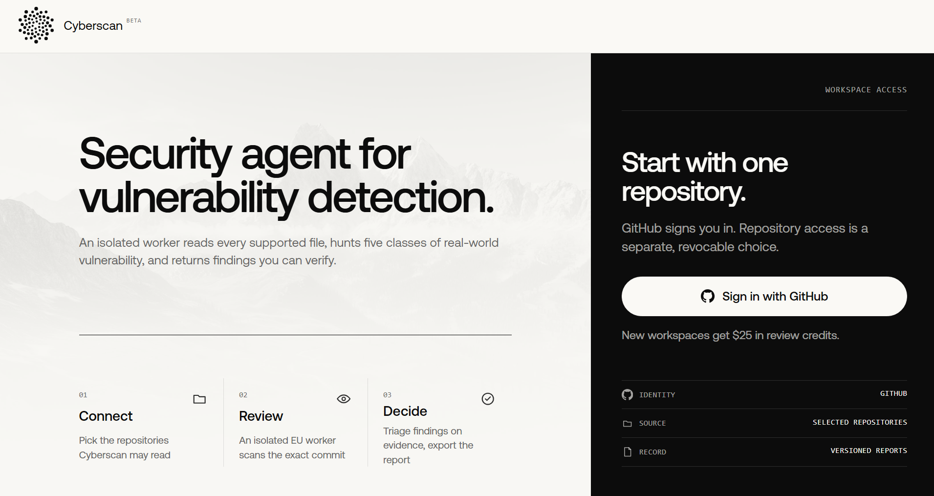 Cyberscan is an AI security agent that scans code repositories for vulnerabilities and returns verifiable findings.