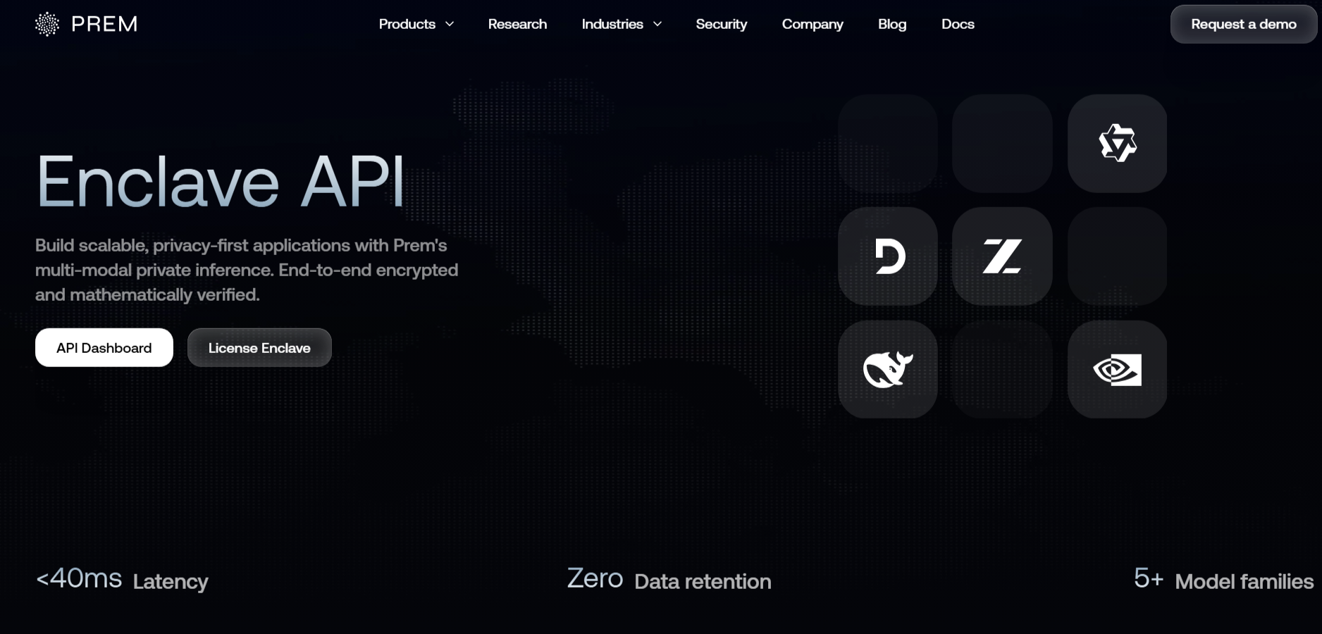 Prem Enclave API is end-to-end encrypted inference with under 40ms latency, zero data retention, and 5+ model families.
