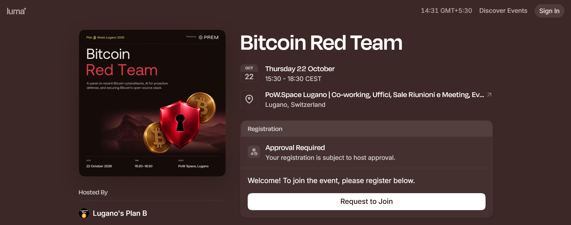 Bitcoin Red Team event page for 22 October 2026 in Lugano, Switzerland.
