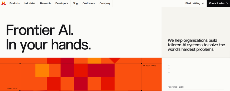 Mistral AI homepage, "Frontier AI. In your hands," a French provider of open-weight and open-source LLM APIs.