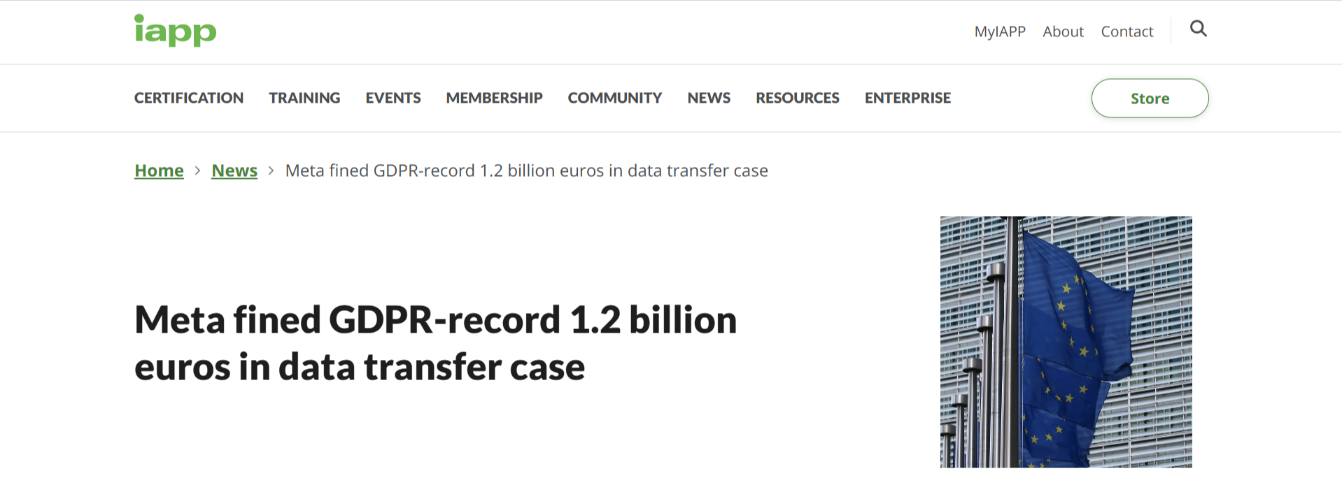 IAPP article reporting Meta’s record €1.2 billion GDPR fine over international data transfers.