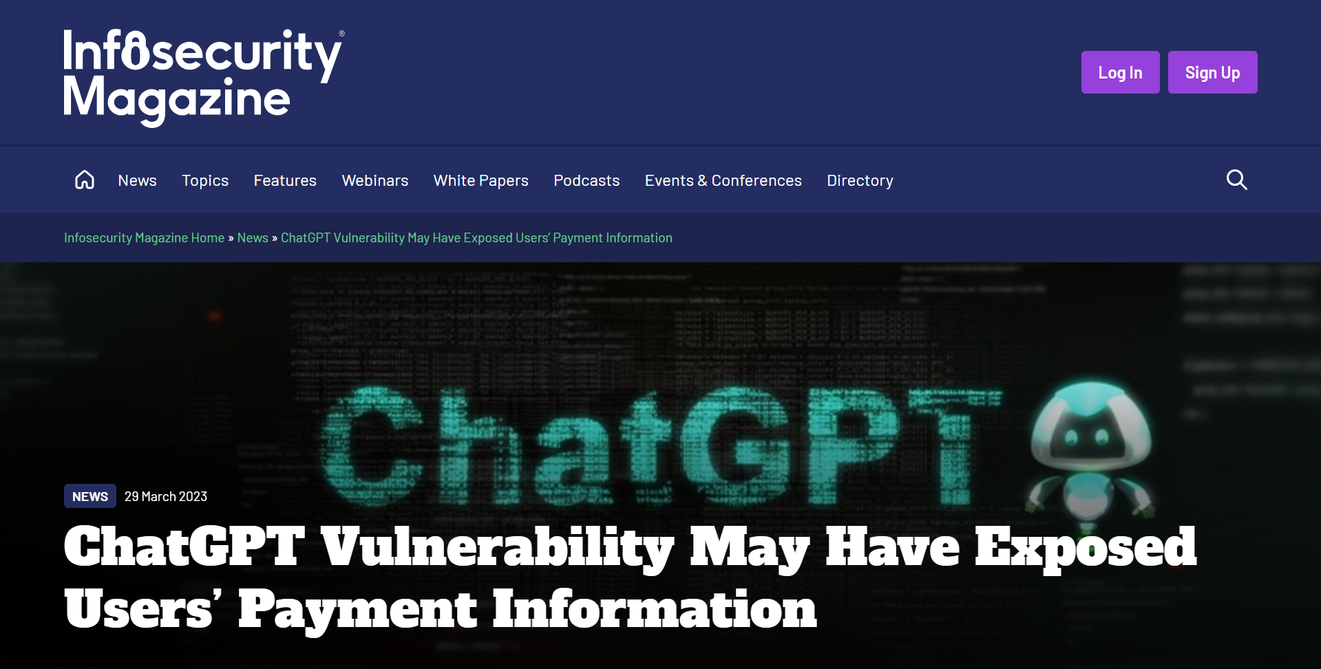 Infosecurity Magazine reported a ChatGPT vulnerability that may have exposed users’ payment information.
