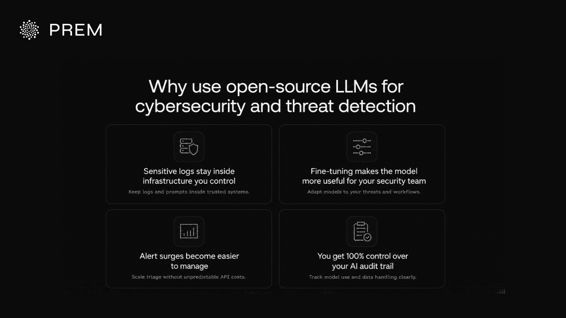 Benefits of open-source LLMs for cybersecurity including private log processing, fine-tuning, scalable alert triage and AI audit control.