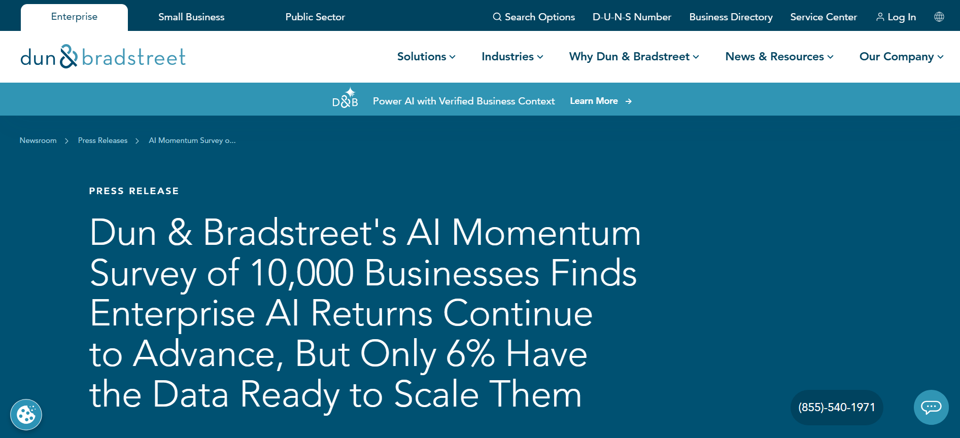 Dun & Bradstreet's July 2026 AI Momentum Survey press release, showing enterprise AI ROI and data readiness findings.