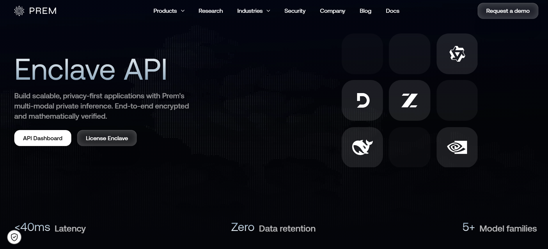 Prem's Enclave API homepage, showing multi-model private inference with end-to-end encryption.