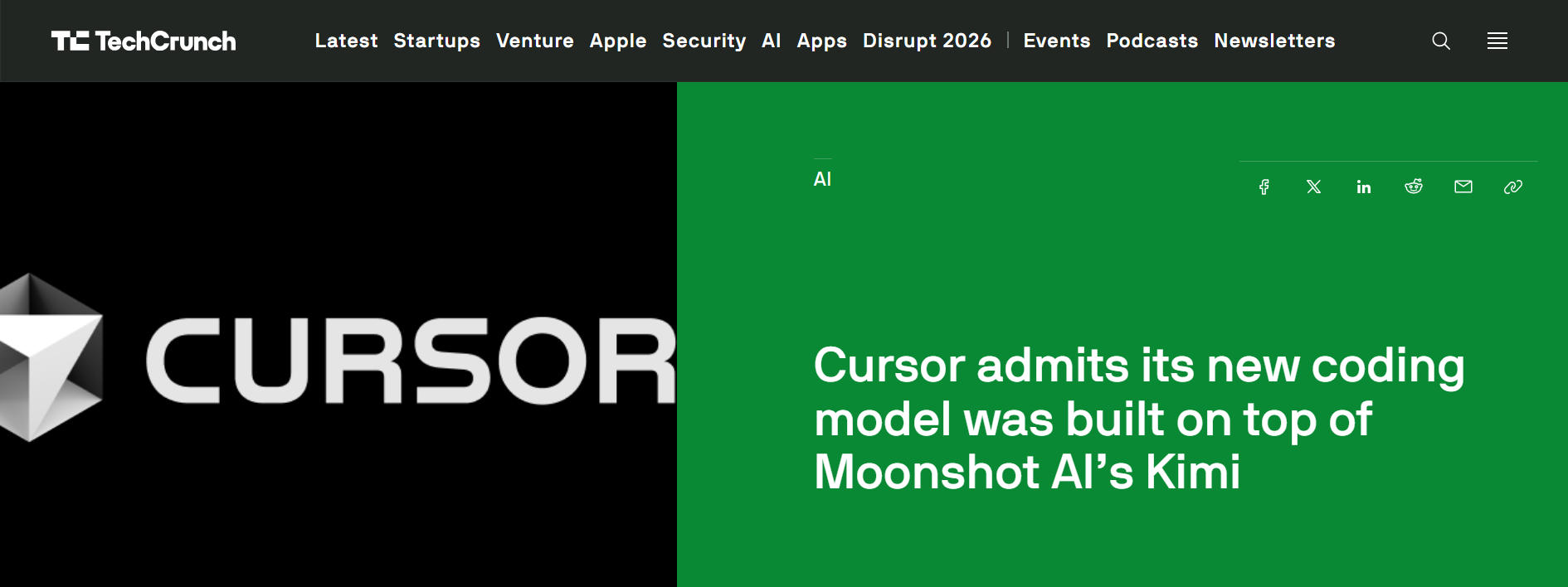 TechCrunch reports that Cursor’s new coding model was built on top of Moonshot AI’s Kimi.