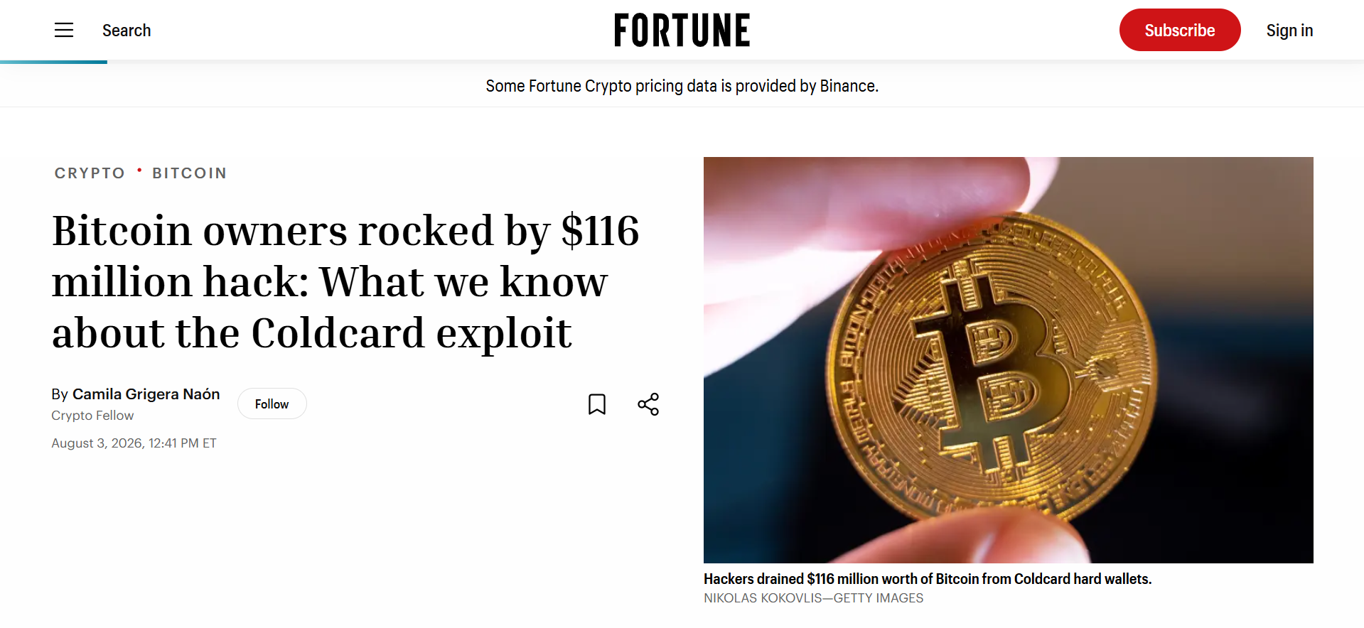 Fortune reports on the $116 million Bitcoin theft connected to a Coldcard wallet vulnerability.