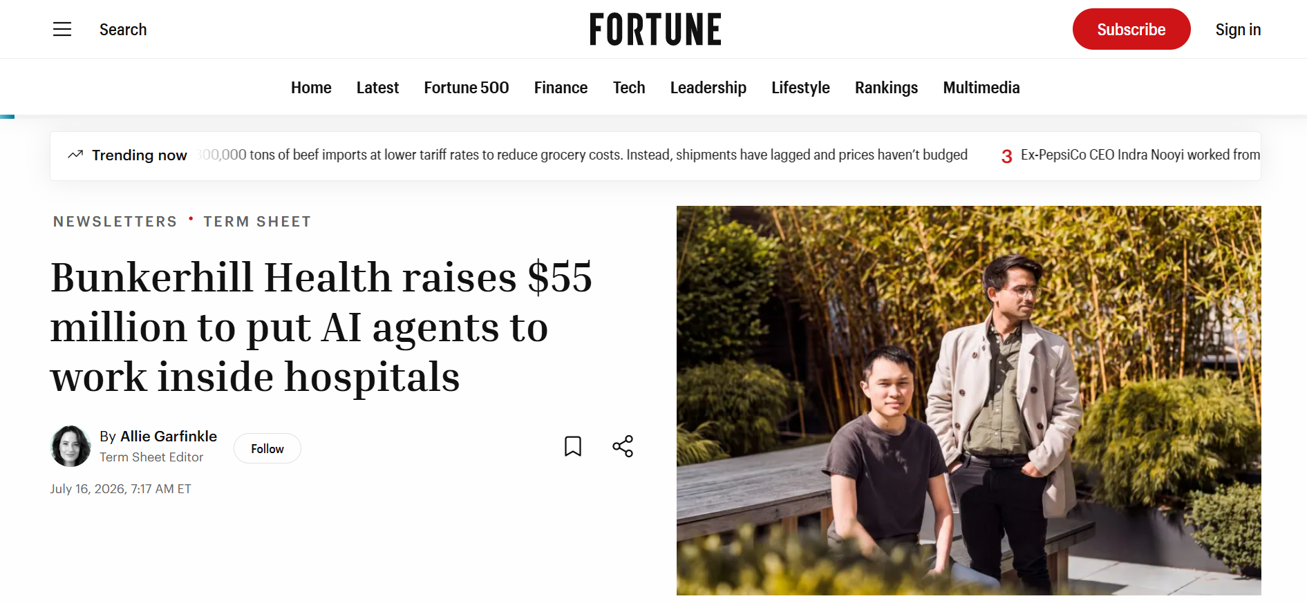 Fortune article showing Bunkerhill Health raising $55 million to deploy AI agents inside hospitals.
