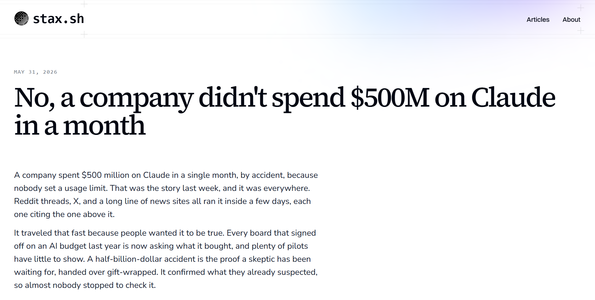 Stax article explaining why the viral claim that a company spent $500 million on Claude in one month was incorrect.
