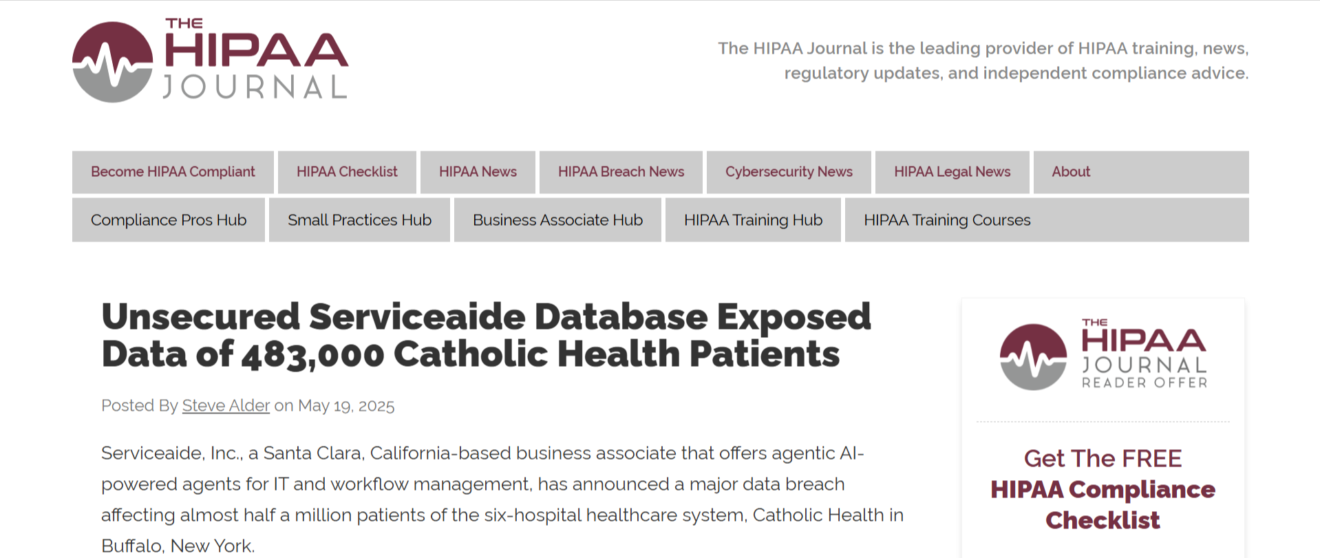 HIPAA Journal coverage of the Serviceaide data breach that exposed sensitive information from 483,000 Catholic Health patients.