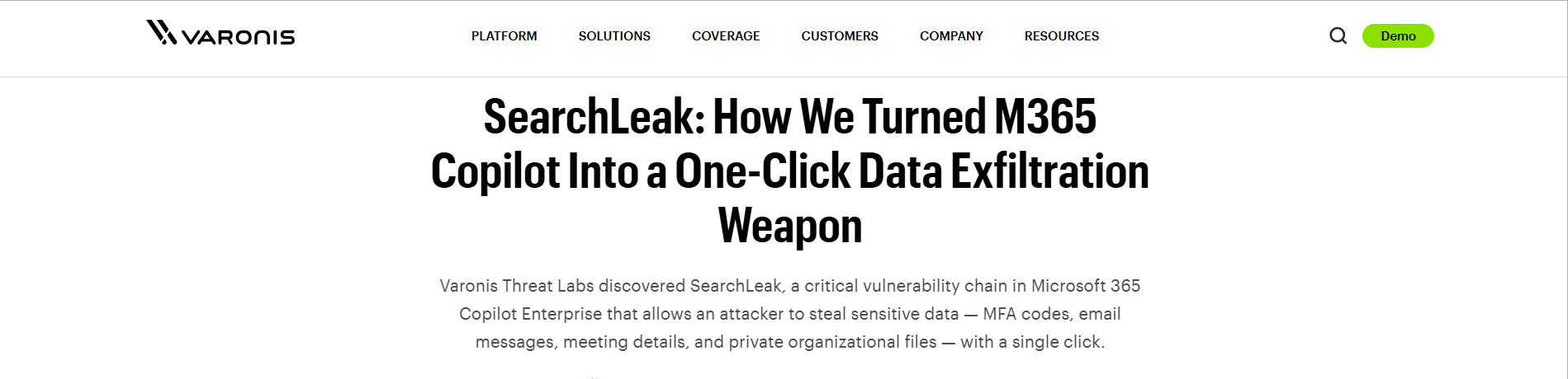 Varonis Threat Labs' SearchLeak disclosure, showing a one-click data exfiltration flaw in Microsoft 365 Copilot.