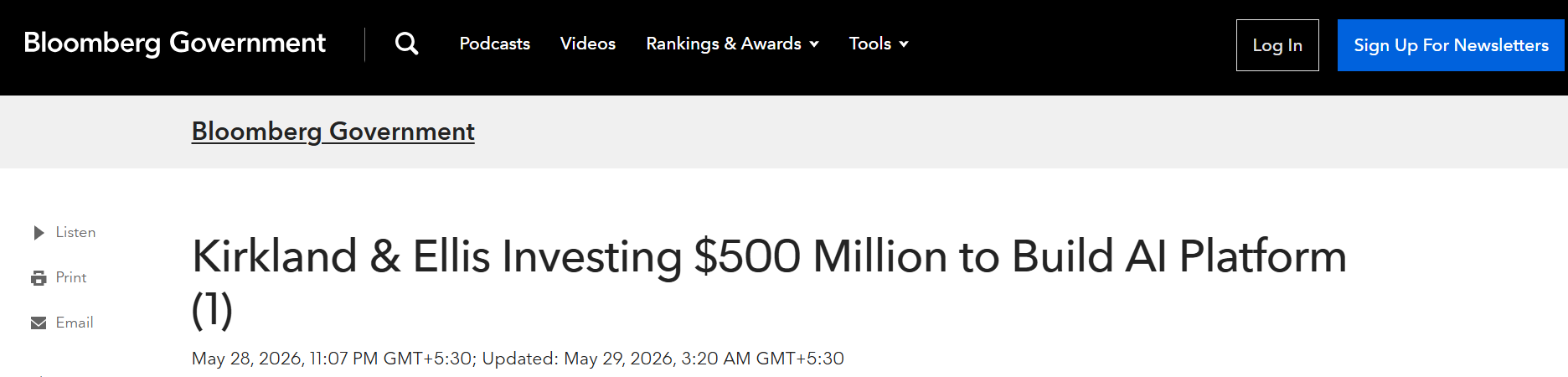 Bloomberg Government article reporting Kirkland & Ellis investing $500 million to build an AI platform.