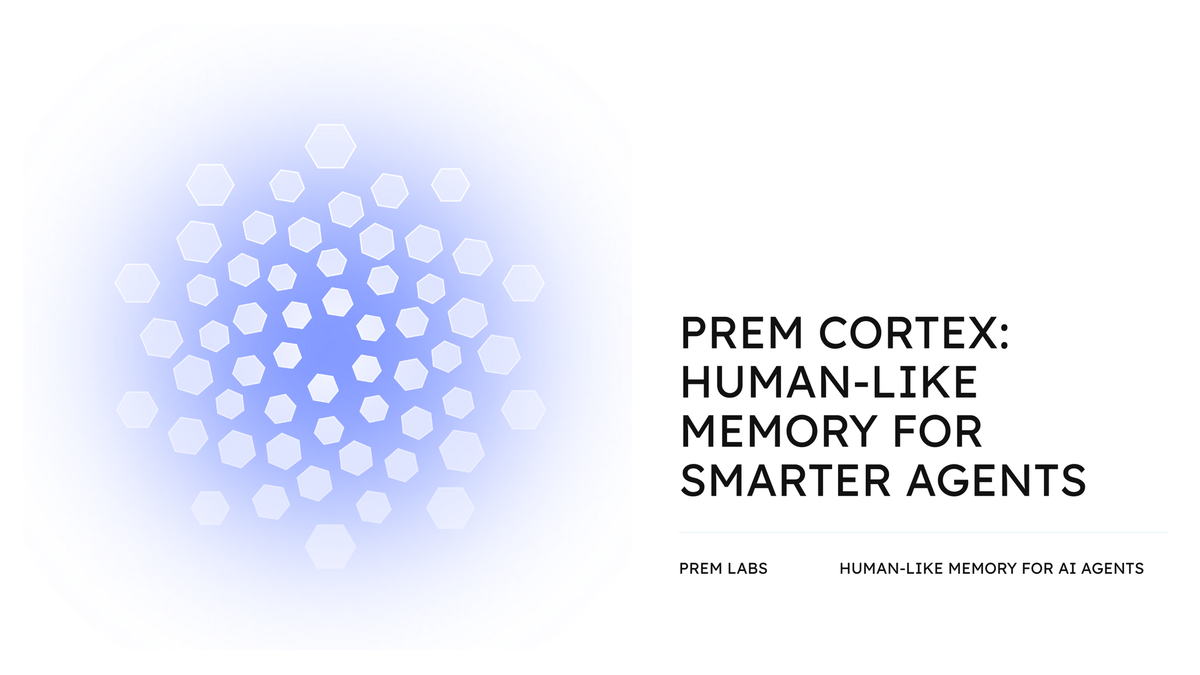 Prem Cortex feature image showcasing human-like memory for AI agents with hexagon pattern design.