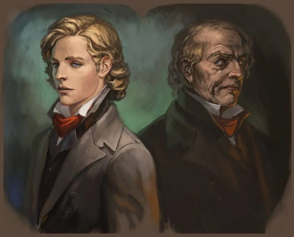 Image of Dorian Gray (a handsome young man) beside a Picture of Doran Gray (recognizably the same man, but disfigured and ugly). From the book by Oscar Wilde, created by Tulsi Parmar.