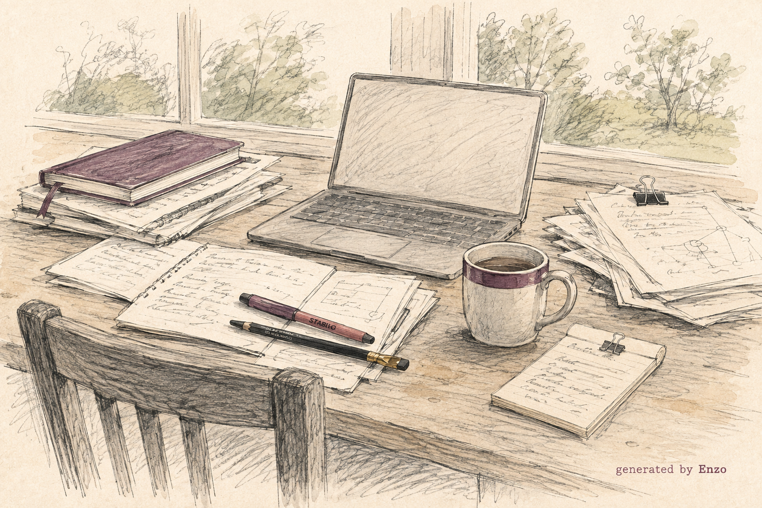 AI-generated pencil sketch of an empty working desk with laptop, notes, pencils, mug, and a chair overlooking restrained natural surroundings.