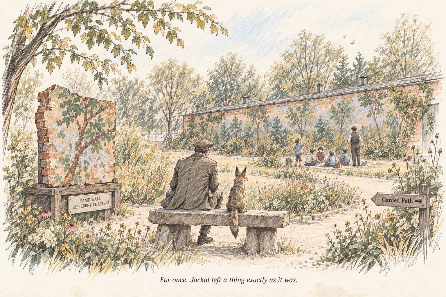 Faded watercolor of CK and Jackal on a stone bench beside a saved mural fragment, with Jules standing near children by the painted garden wall.