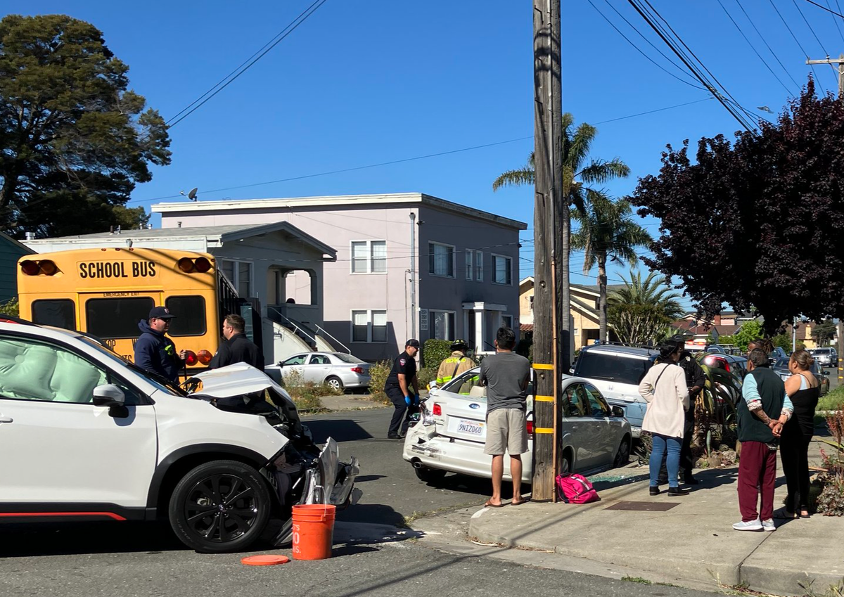 Emergency crews respond to crash between school bus and Subaru on Gaynor Avenue
