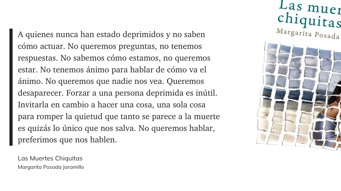 cita del libro: “A quienes nunca han estado deprimidos y no saben cómo actuar. No queremos preguntas, no tenemos respuestas. No sabemos cómo estamos, no queremos estar. No tenemos ánimo para hablar de cómo va el ánimo. No queremos que nadie nos vea. Queremos desaparecer. Forzar a una persona deprimida es inútil. Invitarla en cambio a hacer una cosa, una sola cosa para romper la quietud que tanto se parece a la muerte es quizás lo único que nos salva. No queremos hablar, preferimos que nos hablen.”