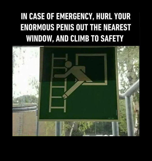 A green safety sign shows an illustrated figure climbing out a window onto a ladder, leading with one leg that has a line drawn across it toward the tip like a glans, as well as a urethral slit. The caption reads “In case of emergency, hurl your enormous penis out the nearest window, and climb to safety.”