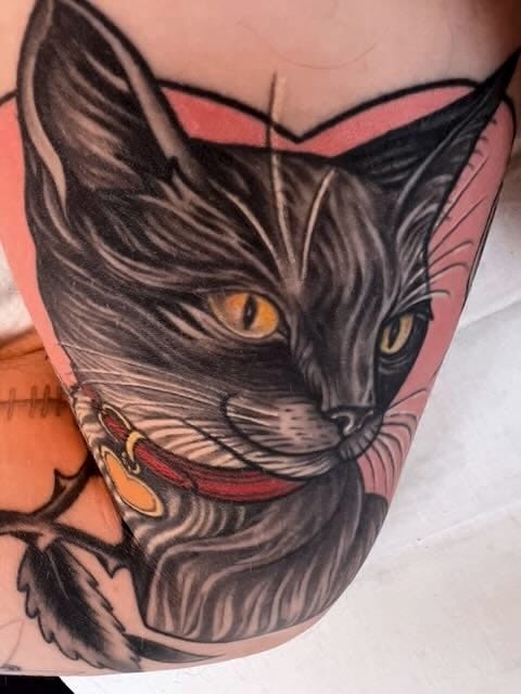 A tattoo covering the inside of a bicep of the black cat with white chest markings’ face. He is wearing a red collar with a golden heart tag, and is framed by a large pink heart.