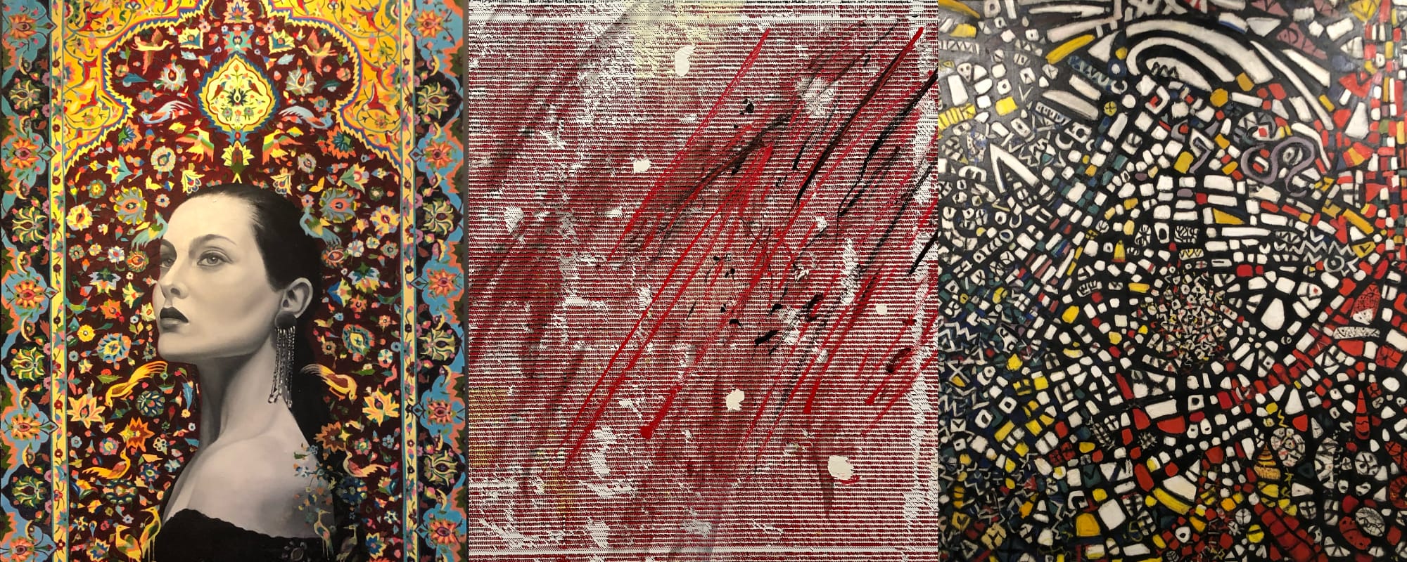 From left to right: Photograph of a black and white portrait by Elnaz Harischi of a woman with a colourful carped in the background / Photograph of an abstract painting by Jacqueline Humphries, Tate Modern Collection / Photograph of an abstract painting by Fahrelnissa Zeid, Istanbul Modern Collection. Photo credit: Amina Patak Çağlar