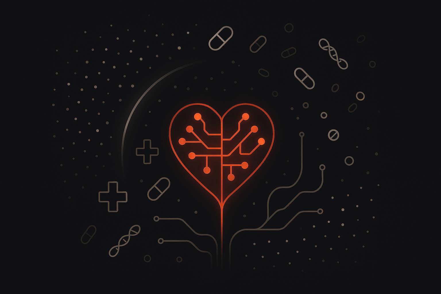 Minimalist illustration of machine learning in healthcare showing medical icons and data nodes, symbolizing challenges of messy data, high stakes, and specialized AI models.