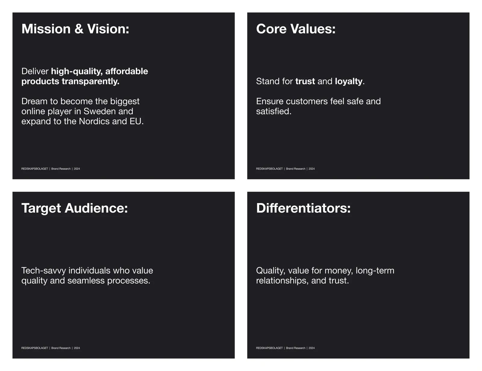 Brand foundation slides outlining mission and vision, core values, target audience, and differentiators used to shape a digital product brand system.