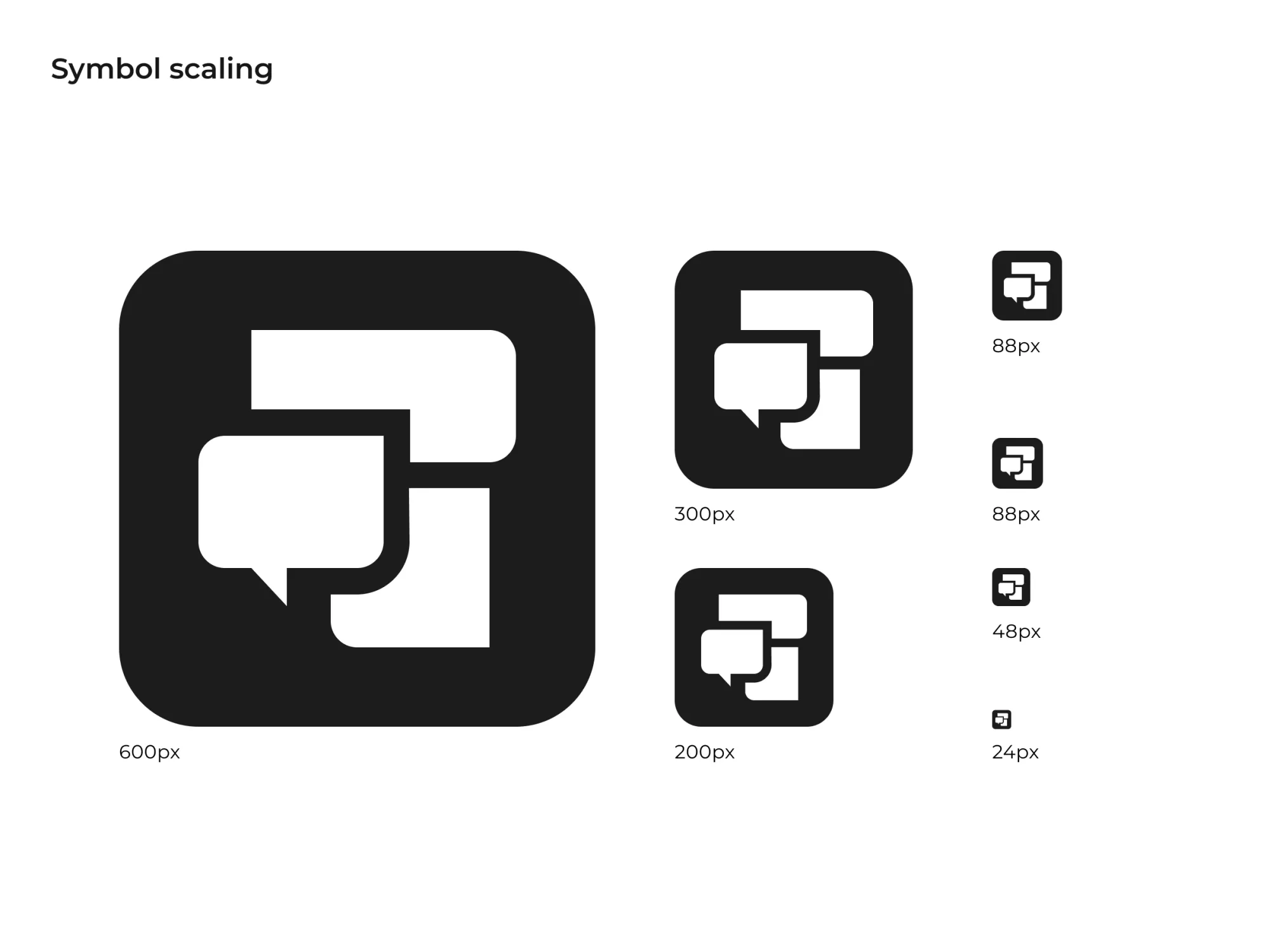 Brand symbol scaling example showing an app icon at multiple sizes to ensure legibility and consistency across digital product interfaces.