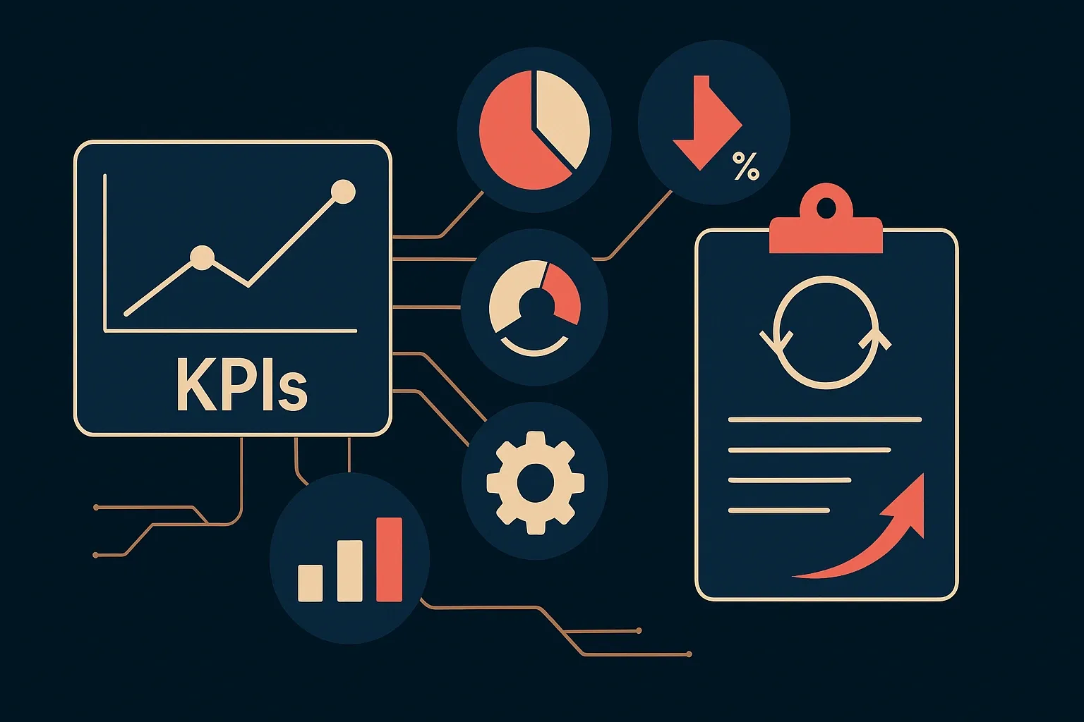 Illustration of software maintenance KPIs including performance metrics, monitoring dashboards, and continuous improvement loops.