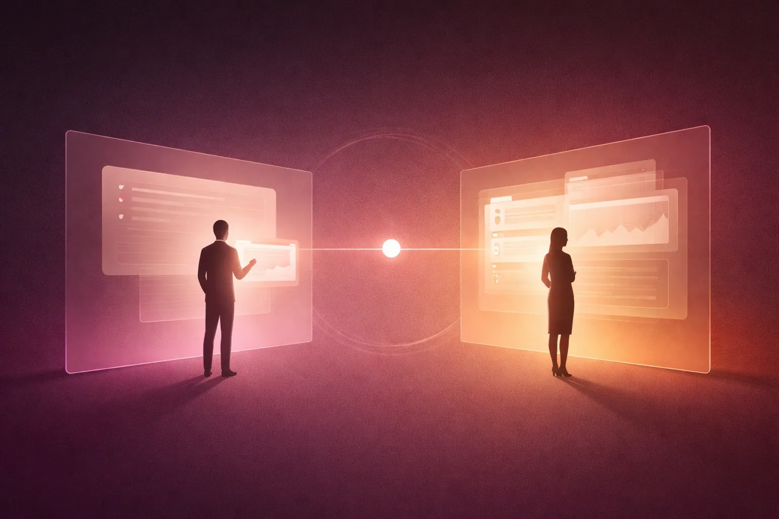 Visual illustration showing two stakeholders aligning around a software product value proposition through shared dashboards and outcomes.