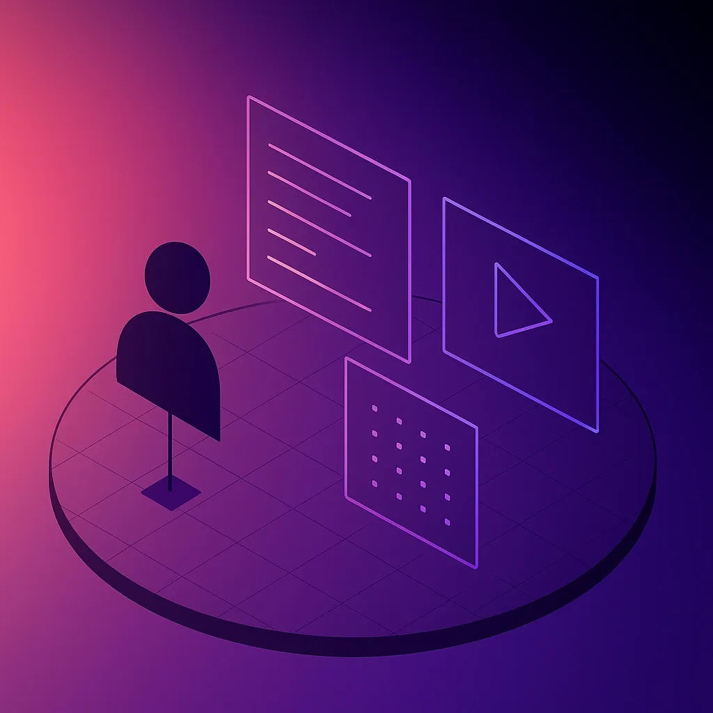 Illustration of a user interacting with product documentation formats including written guides, videos, and interactive content