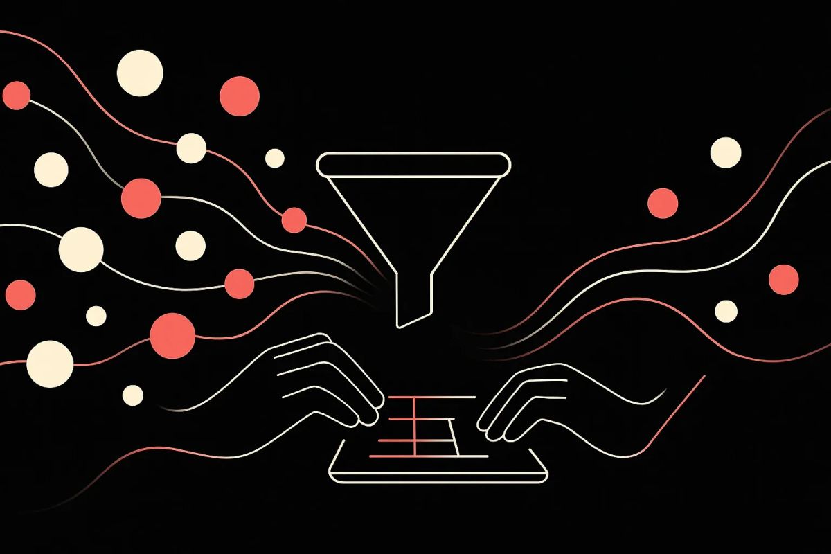 Illustration showing hands collecting and filtering data during hands-on digital product idea validation.