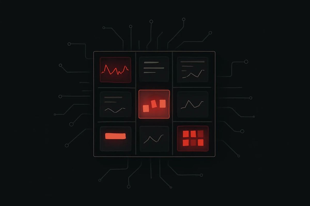 Dashboard-style illustration showing system health, operational metrics, and ongoing software maintenance insights.