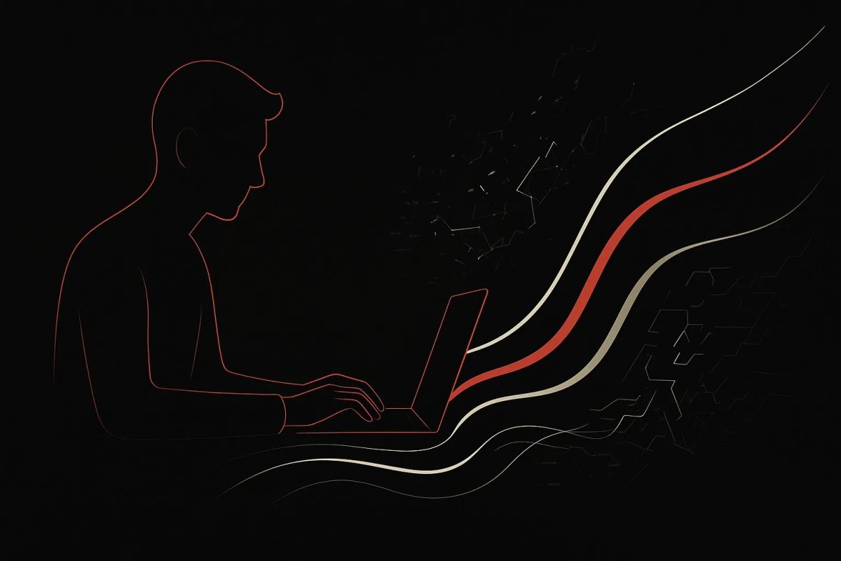 Abstract illustration of vibe coding risks with a developer typing and chaotic data flows representing unintended AI-generated code outcomes.