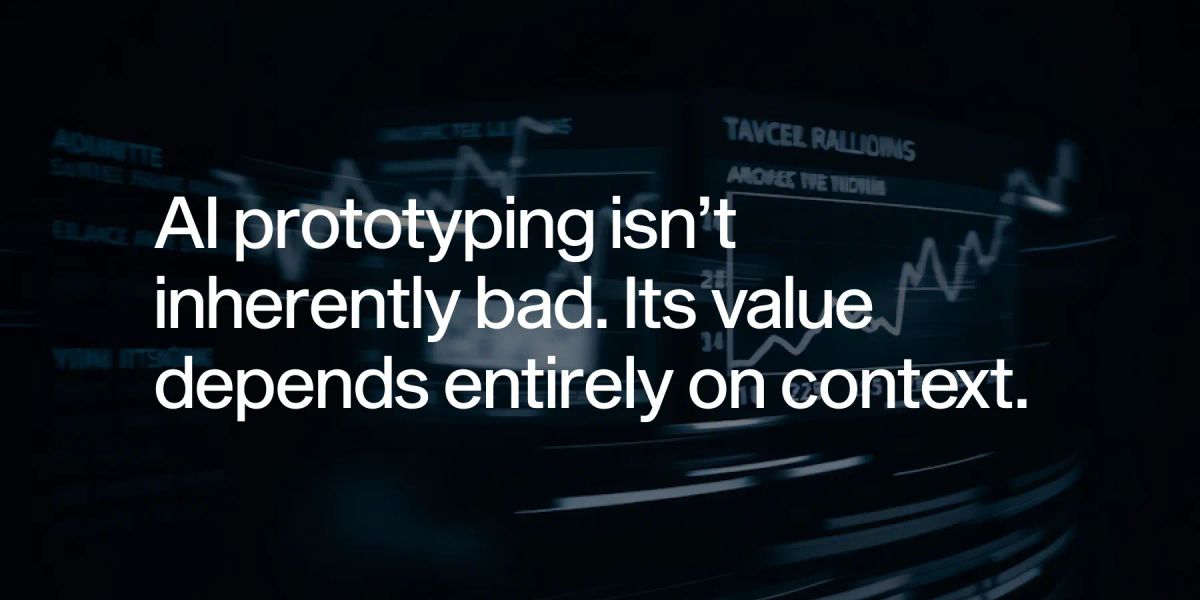 AI-generated UI prototype visuals contrasted with real production requirements, highlighting the gap between polished mockups and shippable software.