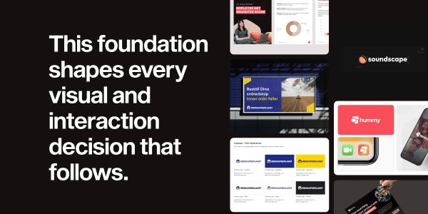 Brand system foundation collage showing logos, typography, UI components, and digital product visuals that ensure consistent visual identity.