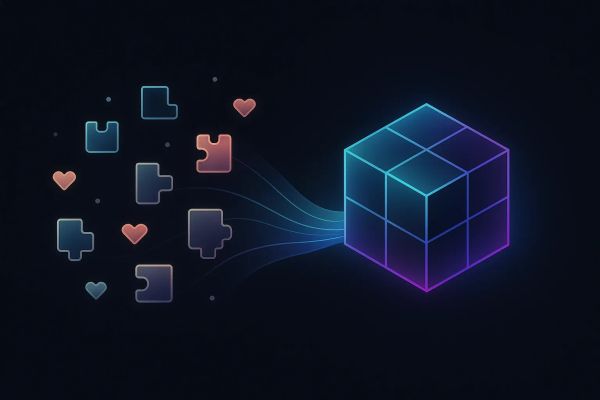 Illustration of product features coming together into a structured, scalable software architecture after MVP validation.