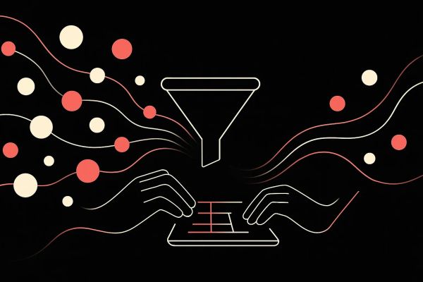 Illustration showing hands collecting and filtering data during hands-on digital product idea validation.