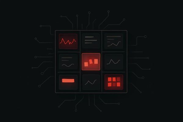Dashboard-style illustration showing system health, operational metrics, and ongoing software maintenance insights.