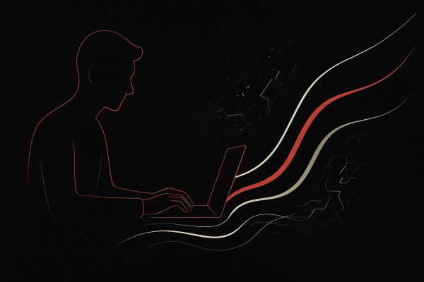 Abstract illustration of vibe coding risks with a developer typing and chaotic data flows representing unintended AI-generated code outcomes.