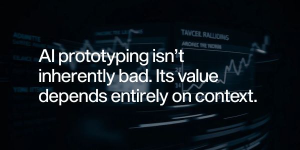 AI-generated UI prototype visuals contrasted with real production requirements, highlighting the gap between polished mockups and shippable software.