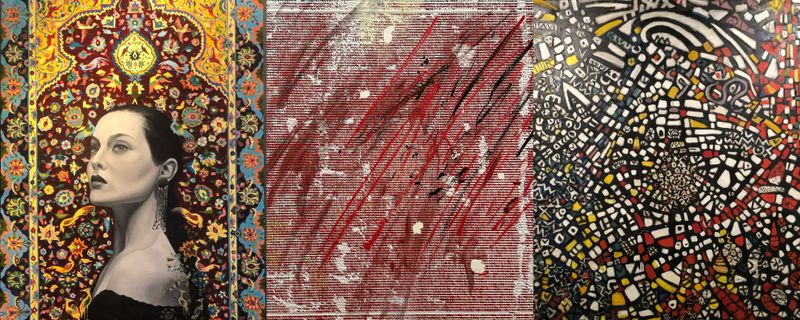 From left to right: Photograph of a black and white portrait by Elnaz Harischi of a woman with a colourful carped in the background / Photograph of an abstract painting by Jacqueline Humphries, Tate Modern Collection / Photograph of an abstract painting by Fahrelnissa Zeid, Istanbul Modern Collection. Photo credit: Amina Patak Çağlar