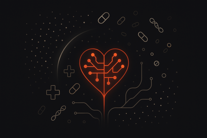 Minimalist illustration of machine learning in healthcare showing medical icons and data nodes, symbolizing challenges of messy data, high stakes, and specialized AI models.