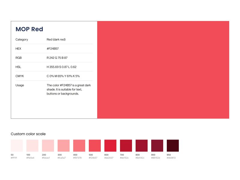 Brand color system specification showing primary color values in HEX, RGB, HSL, and CMYK with usage guidance for digital products.