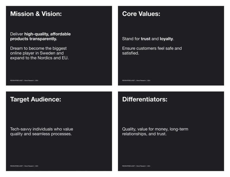 Brand foundation slides outlining mission and vision, core values, target audience, and differentiators used to shape a digital product brand system.